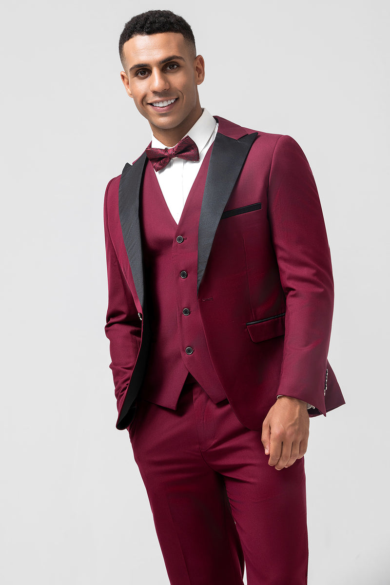 Load image into Gallery viewer, Burgundy Peak Lapel 3 Pieces One Button Men's Prom Suits