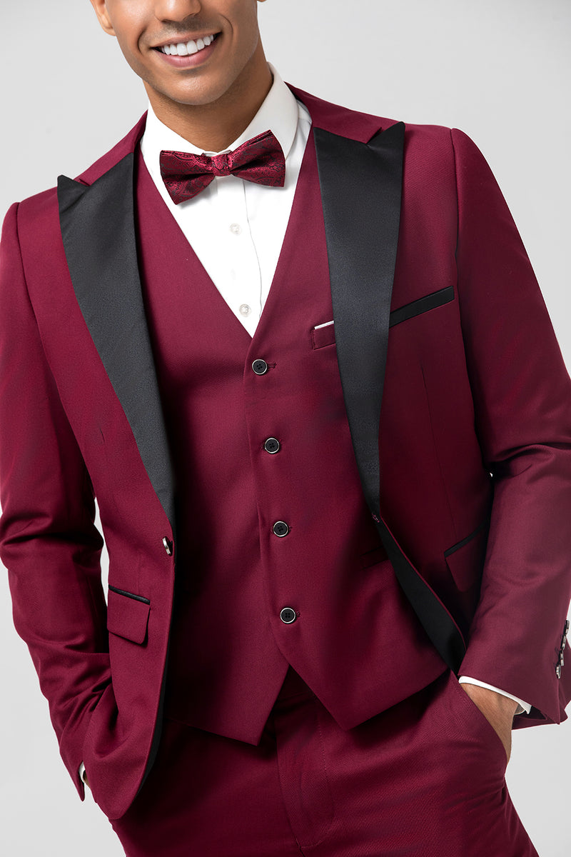 Load image into Gallery viewer, Burgundy Peak Lapel 3 Pieces One Button Men's Prom Suits