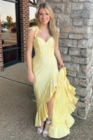 Load image into Gallery viewer, Yellow Corset Mermaid Spaghetti Straps Ruffles Prom Dress with Slit