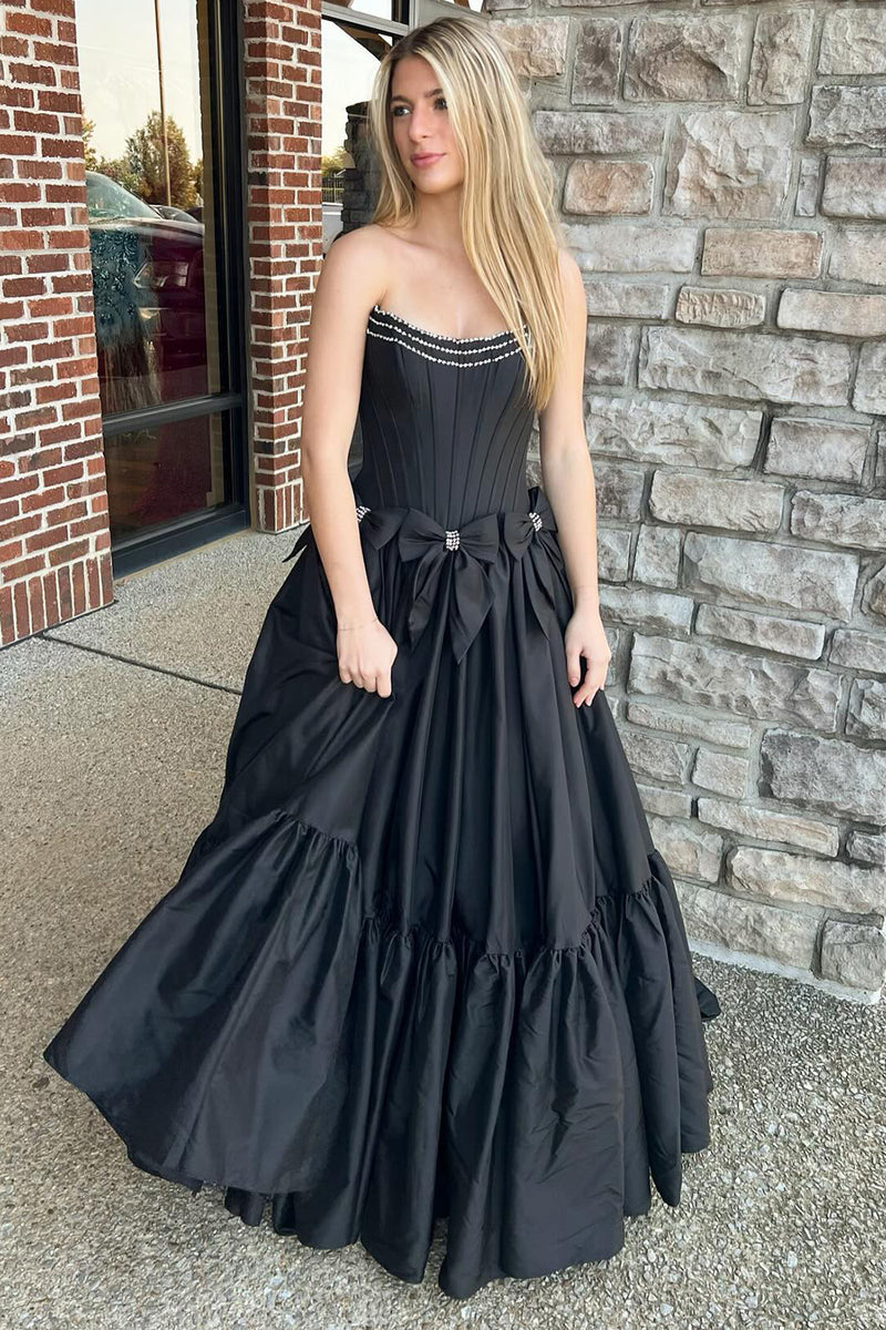 Load image into Gallery viewer, Black Corset A Line Pleated Bow Knot Strapless Prom Dress