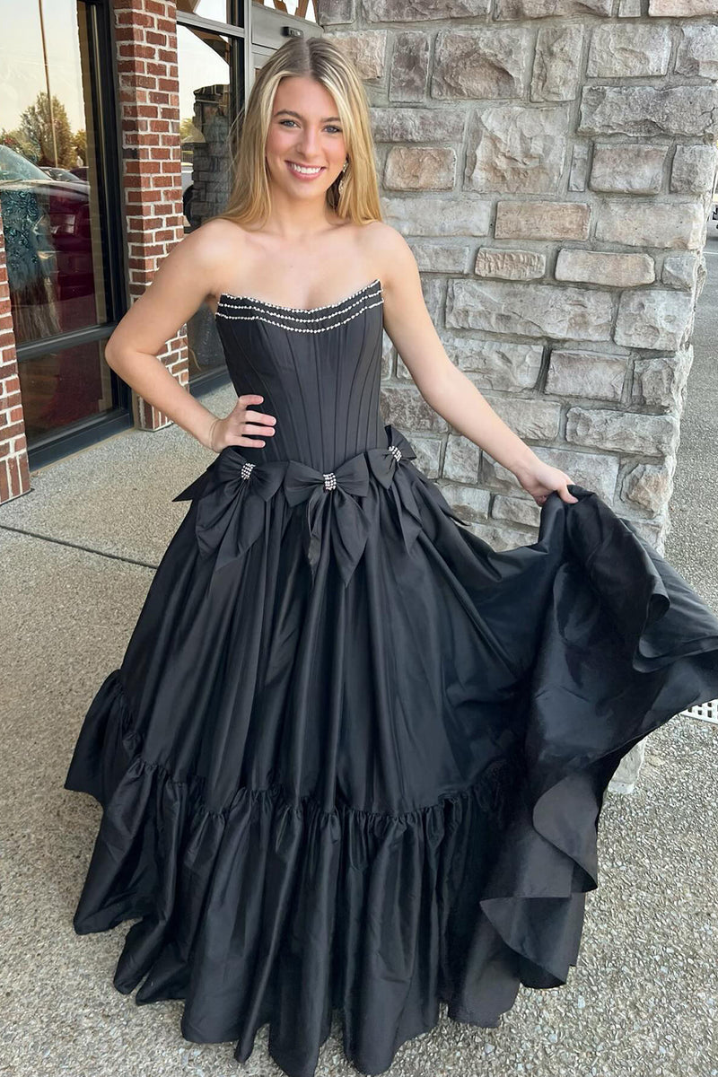 Load image into Gallery viewer, Black Corset A Line Pleated Bow Knot Strapless Prom Dress