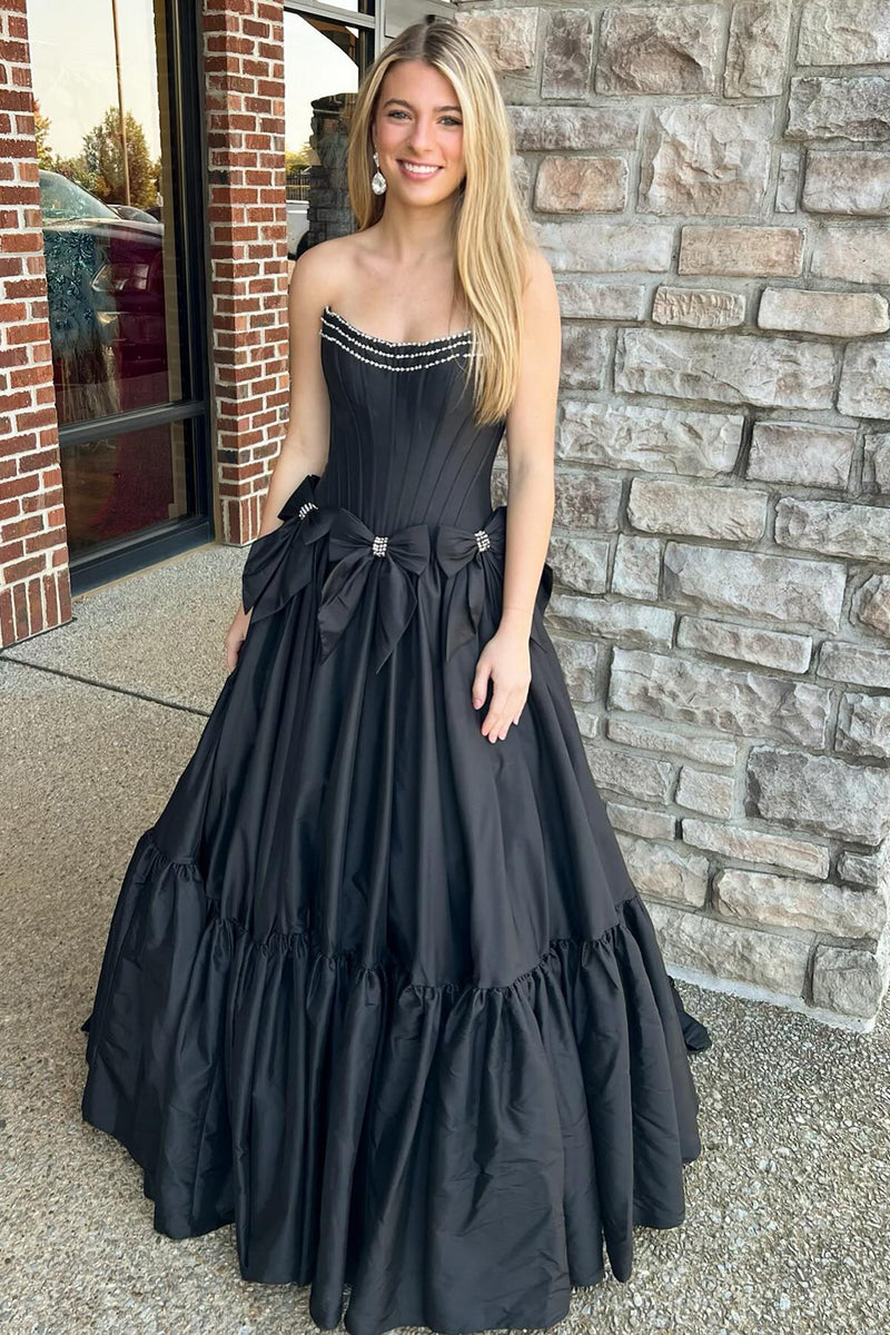 Load image into Gallery viewer, Black Corset A Line Pleated Bow Knot Strapless Prom Dress