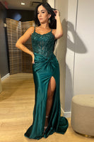 Load image into Gallery viewer, Dark Green Corset Ruched Spaghetti Straps Prom Dress with Slit