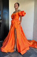 Load image into Gallery viewer, A Line Orange Bow Knot Long Prom Dress with Slit