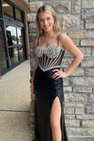 Load image into Gallery viewer, Sparkly Beaded Corset Spaghetti Straps Black Prom Dress with Slit