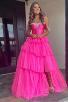 Load image into Gallery viewer, Sparkly Beaded Fuchsia Tiered Corset Prom Dress with Slit
