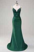 Load image into Gallery viewer, Dark Green Mermaid Ruched Satin Long Prom Dress with Beading