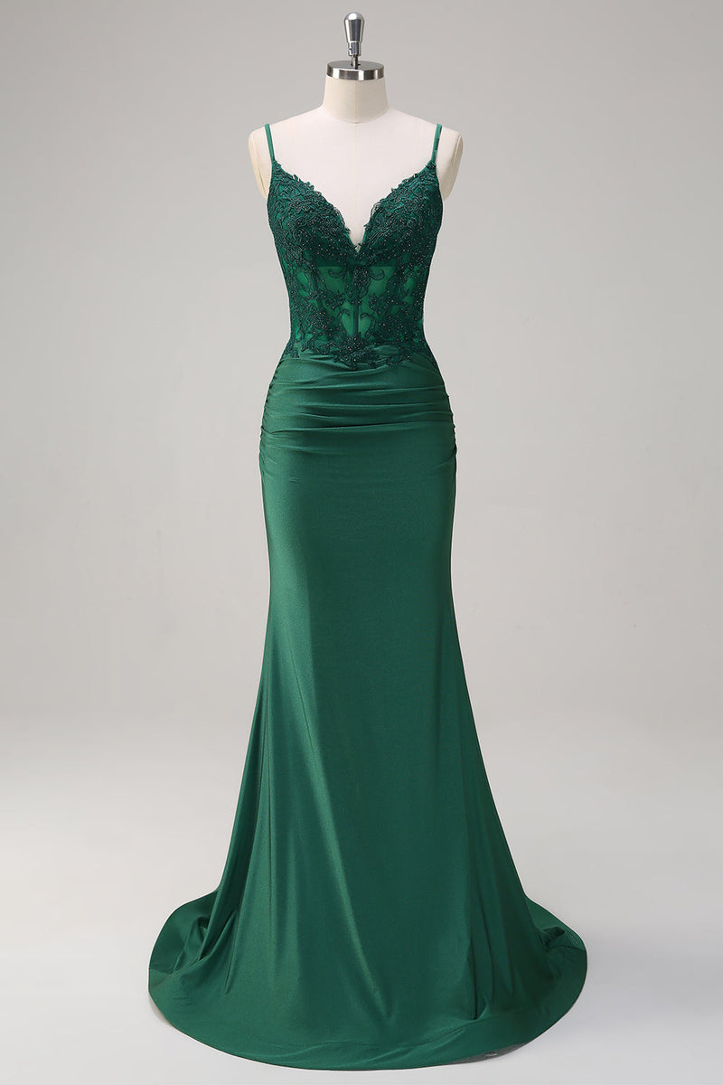 Load image into Gallery viewer, Dark Green Mermaid Ruched Satin Long Prom Dress with Beading