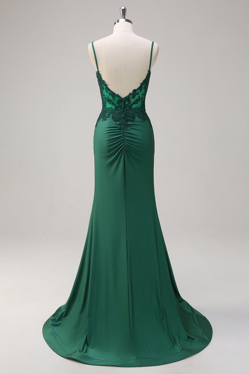 Load image into Gallery viewer, Dark Green Mermaid Ruched Satin Long Prom Dress with Beading