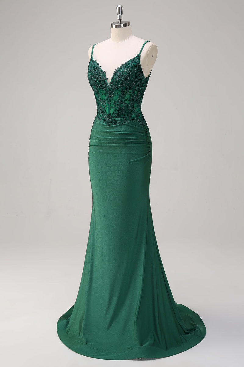 Load image into Gallery viewer, Dark Green Mermaid Ruched Satin Long Prom Dress with Beading