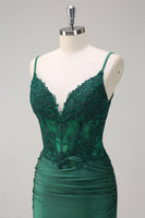 Load image into Gallery viewer, Dark Green Mermaid Ruched Satin Long Prom Dress with Beading