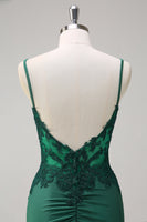 Load image into Gallery viewer, Dark Green Mermaid Ruched Satin Long Prom Dress with Beading