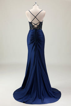 Dark Navy Mermaid Sparkly Sequins Prom Dress with Slit