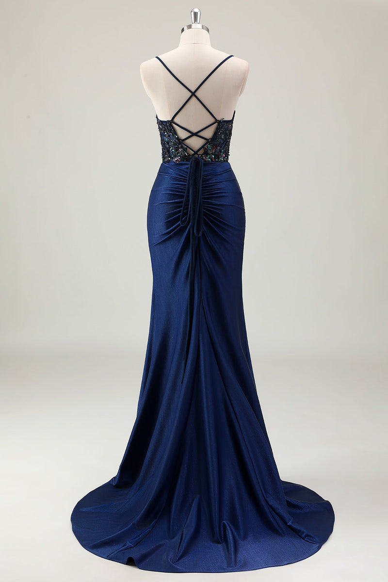 Load image into Gallery viewer, Dark Navy Mermaid Sparkly Sequins Prom Dress with Slit