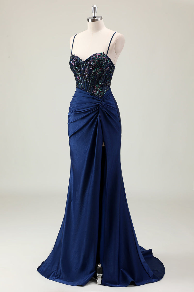 Load image into Gallery viewer, Dark Navy Mermaid Sparkly Sequins Prom Dress with Slit