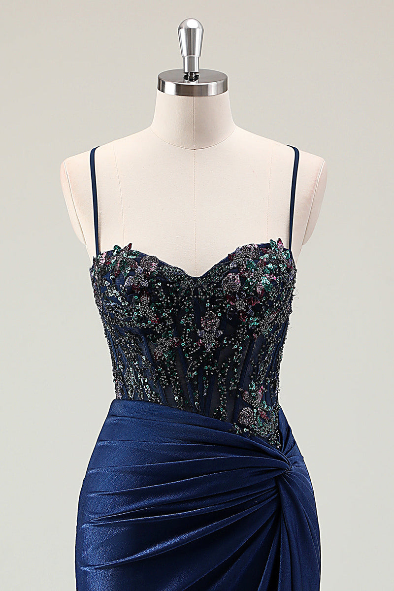 Load image into Gallery viewer, Dark Navy Mermaid Sparkly Sequins Prom Dress with Slit