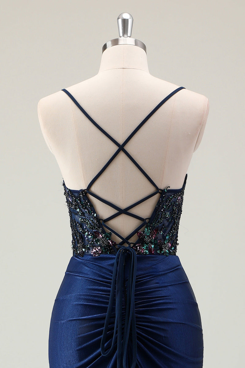 Load image into Gallery viewer, Dark Navy Mermaid Sparkly Sequins Prom Dress with Slit