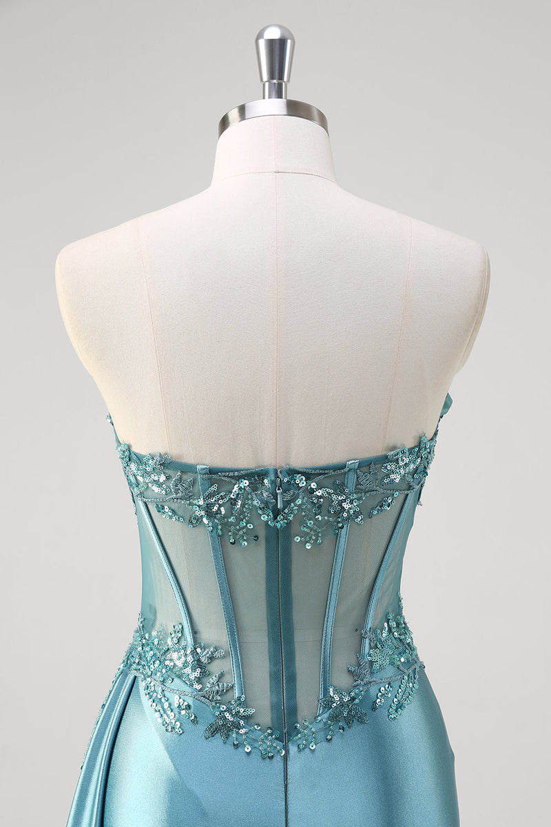Load image into Gallery viewer, Grey Blue Mermaid Strapless Corset Sequined Satin Prom Dress
