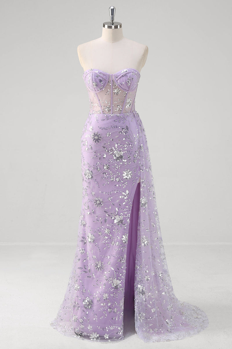 Load image into Gallery viewer, Light Purple Strapless Mermaid Corset Sequin Prom Dress With Slit