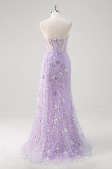 Light Purple Strapless Mermaid Corset Sequin Prom Dress With Slit