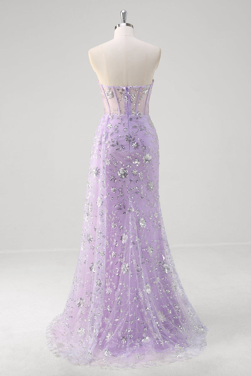 Load image into Gallery viewer, Light Purple Strapless Mermaid Corset Sequin Prom Dress With Slit