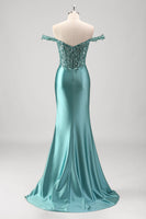 Load image into Gallery viewer, Off The Shoulder Grey Green Mermaid Sequin Metallic Prom Dress