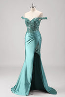 Load image into Gallery viewer, Off The Shoulder Grey Green Mermaid Sequin Metallic Prom Dress