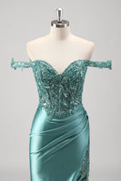 Load image into Gallery viewer, Off The Shoulder Grey Green Mermaid Sequin Metallic Prom Dress