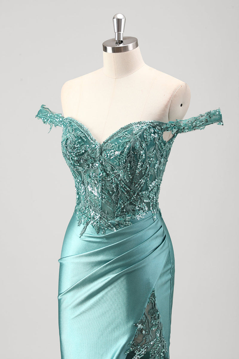 Load image into Gallery viewer, Off The Shoulder Grey Green Mermaid Sequin Metallic Prom Dress