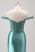 Load image into Gallery viewer, Off The Shoulder Grey Green Mermaid Sequin Metallic Prom Dress