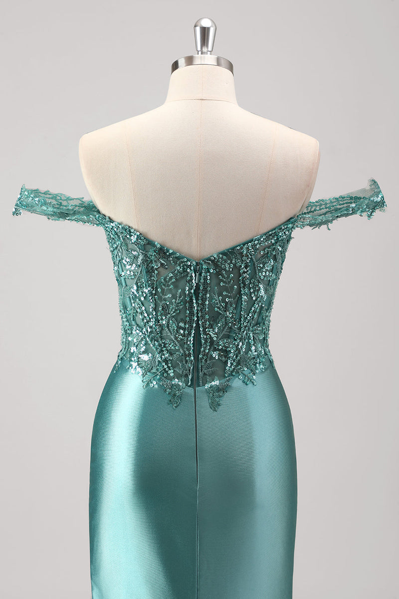 Load image into Gallery viewer, Off The Shoulder Grey Green Mermaid Sequin Metallic Prom Dress