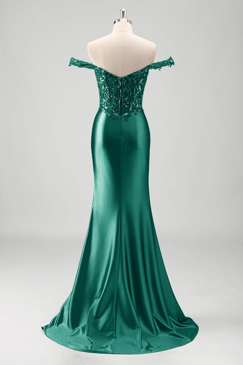 Load image into Gallery viewer, Off The Shoulder Grey Green Mermaid Sequin Metallic Prom Dress