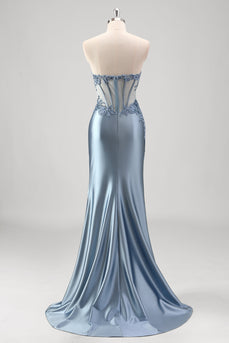 Sparkly Grey Blue Mermaid Strapless Metallic Prom Dress with Slit