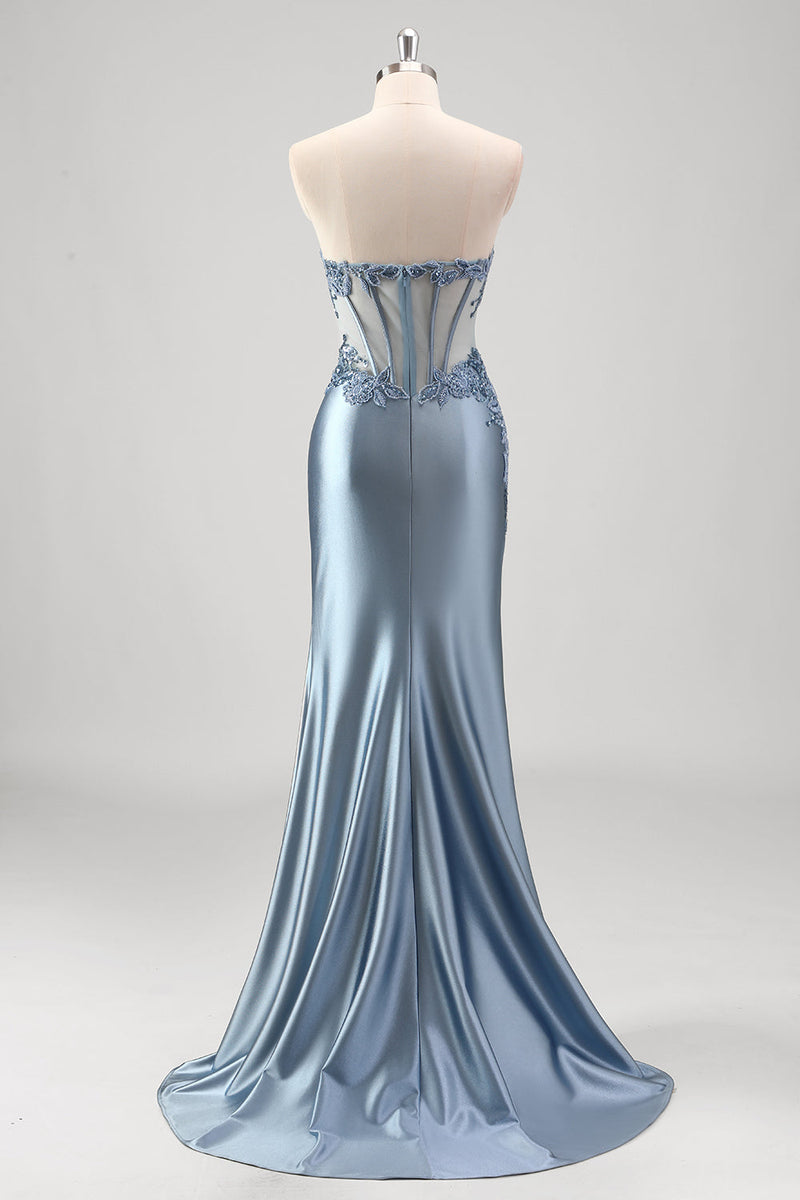 Load image into Gallery viewer, Sparkly Grey Blue Mermaid Strapless Metallic Prom Dress with Slit