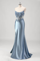 Load image into Gallery viewer, Sparkly Grey Blue Mermaid Strapless Metallic Prom Dress with Slit