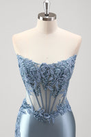 Load image into Gallery viewer, Sparkly Grey Blue Mermaid Strapless Metallic Prom Dress with Slit