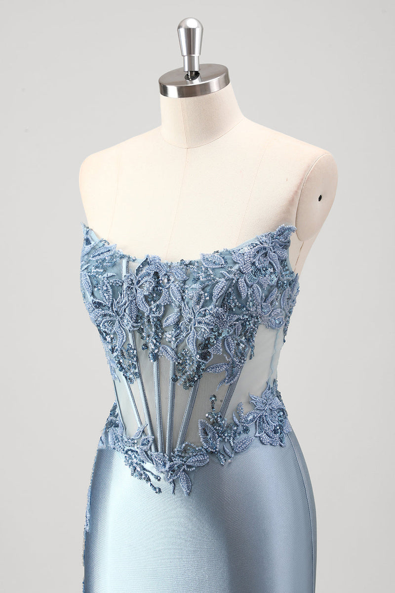 Load image into Gallery viewer, Sparkly Grey Blue Mermaid Strapless Metallic Prom Dress with Slit