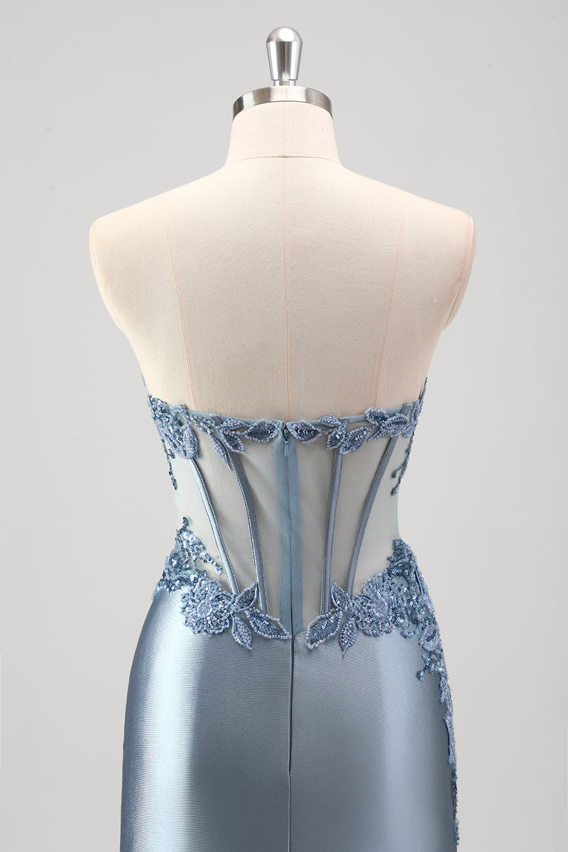 Load image into Gallery viewer, Sparkly Grey Blue Mermaid Strapless Metallic Prom Dress with Slit