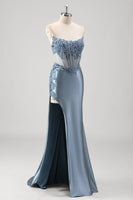 Load image into Gallery viewer, Sparkly Grey Blue Mermaid Strapless Metallic Prom Dress with Slit