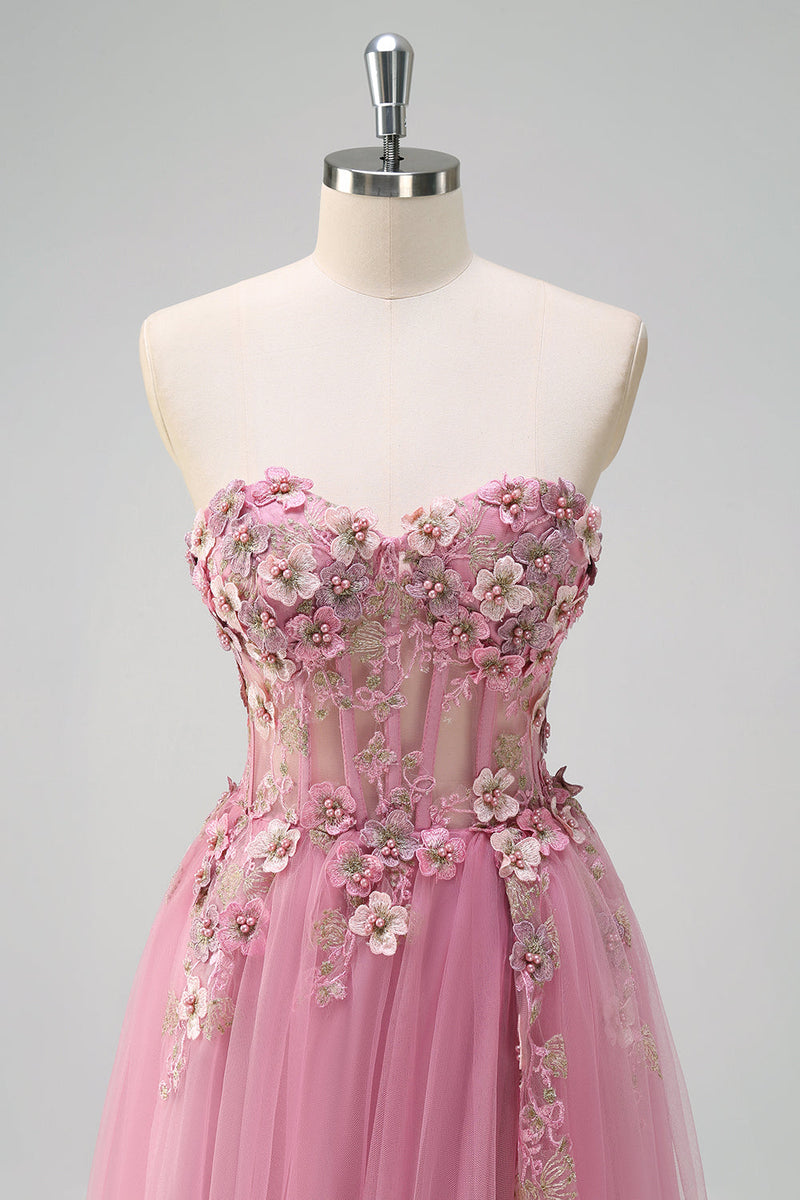 Load image into Gallery viewer, Taro Purple A Line Strapless 3D Flower Corset Prom Dress