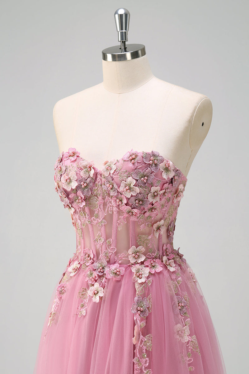 Load image into Gallery viewer, Taro Purple A Line Strapless 3D Flower Corset Prom Dress