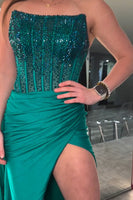 Load image into Gallery viewer, Sparkly Fuchsia Mermaid Beaded Strapless Prom Dress with Slit