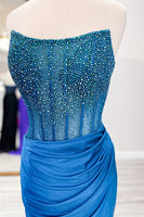 Load image into Gallery viewer, Sparkly Fuchsia Mermaid Beaded Strapless Prom Dress with Slit