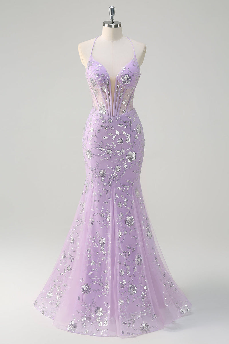 Load image into Gallery viewer, Sparkly Lilac Mermaid Sheer Corset Sequin Prom Dress