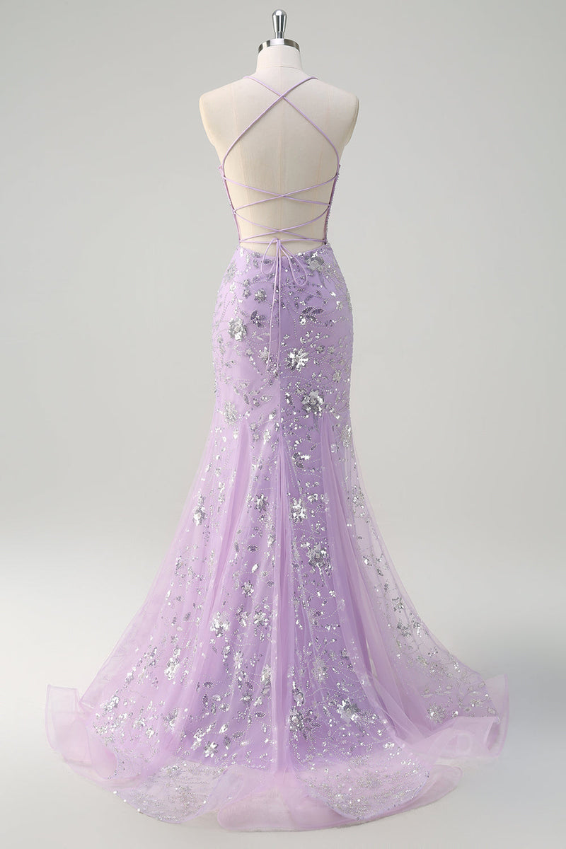 Load image into Gallery viewer, Sparkly Lilac Mermaid Sheer Corset Sequin Prom Dress