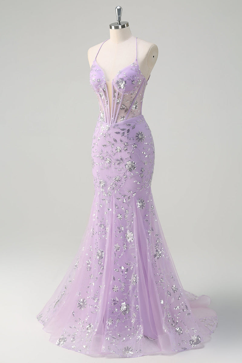 Load image into Gallery viewer, Sparkly Lilac Mermaid Sheer Corset Sequin Prom Dress