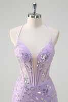 Load image into Gallery viewer, Sparkly Lilac Mermaid Sheer Corset Sequin Prom Dress