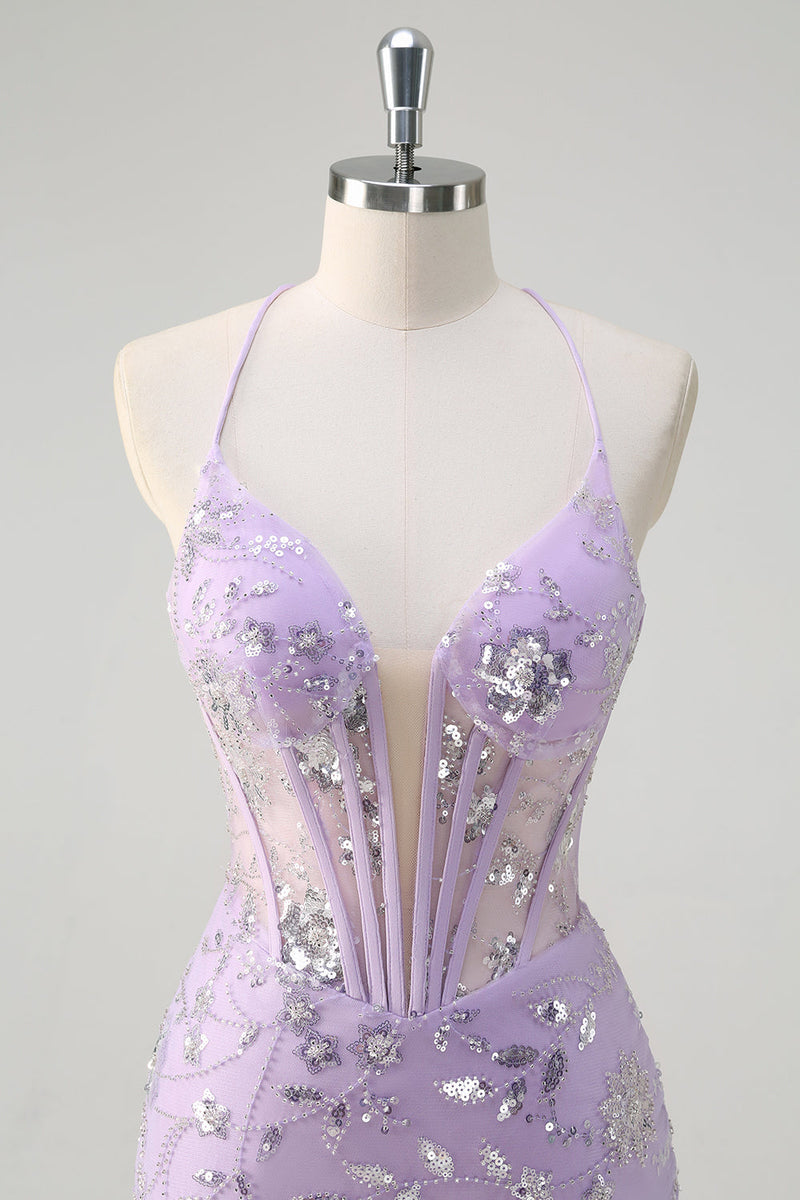 Load image into Gallery viewer, Sparkly Lilac Mermaid Sheer Corset Sequin Prom Dress