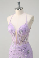Load image into Gallery viewer, Sparkly Lilac Mermaid Sheer Corset Sequin Prom Dress