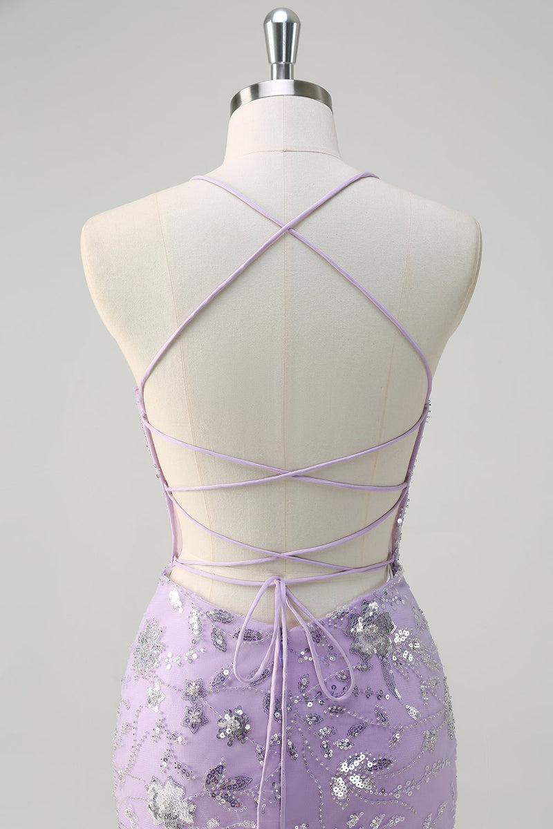 Load image into Gallery viewer, Sparkly Lilac Mermaid Sheer Corset Sequin Prom Dress